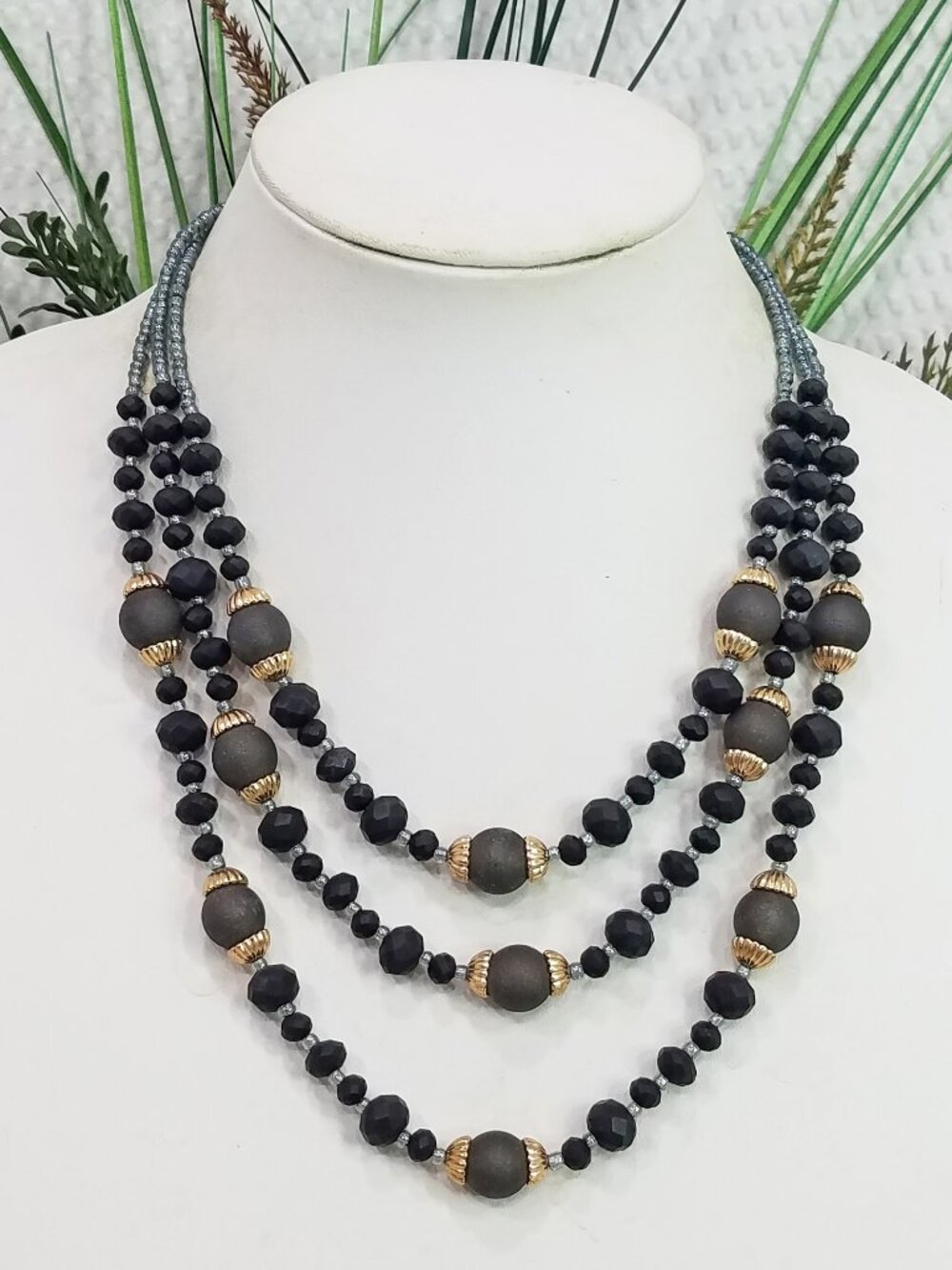 Vintage Matte Black & Gray Bead Gold Tone Cascading Multi Strand Choker Necklace